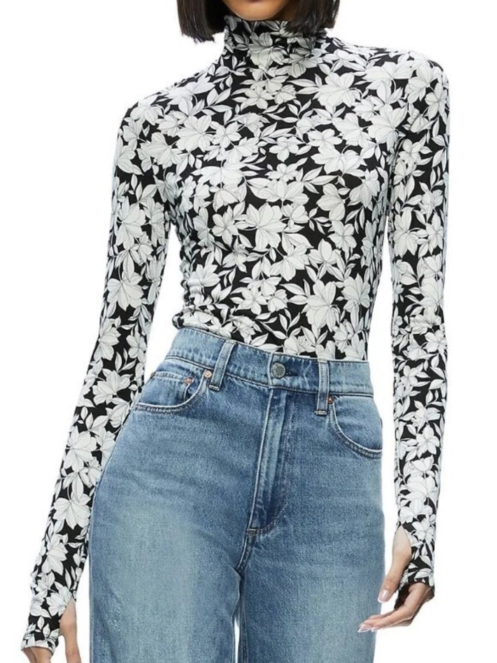 Alice + Olivia Women's Delaina Long Sleeve Floral Turtleneck Top Black White SM